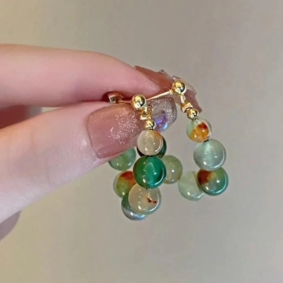 Faux Jade Beaded Hoop Post Earrings 2PCS NEW - Picture 2 of 3